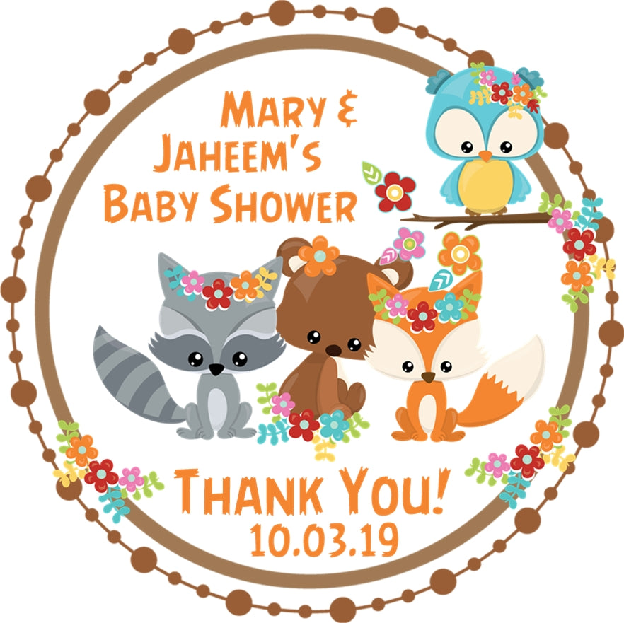 Forest animal baby shower sticker with woodland animals and flowers fall colors