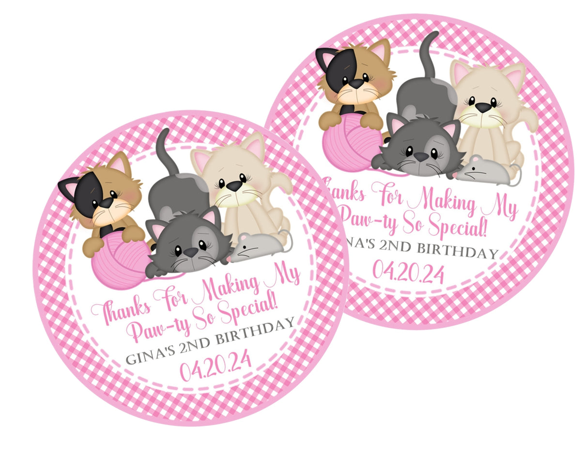 Four kitten birthday sticker with pink gingham border