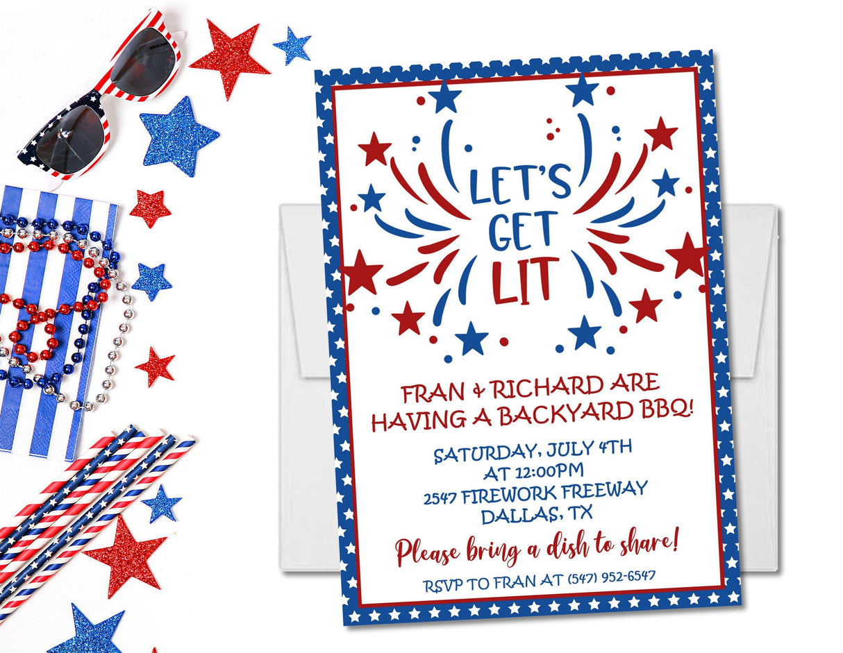 Fourth of July patriotic star border BBQ invitation