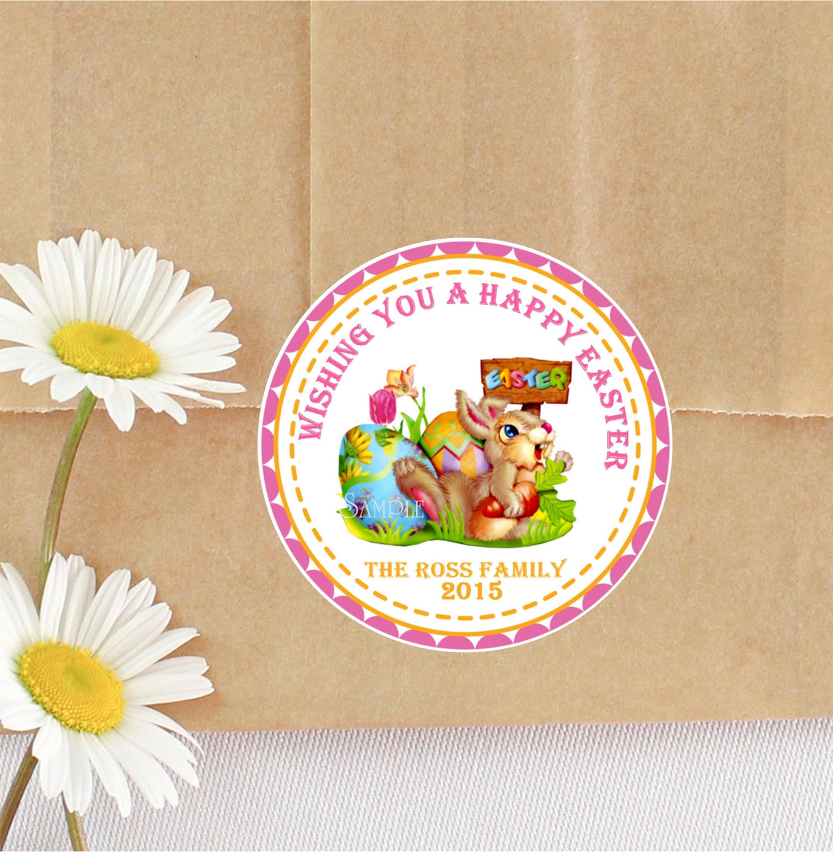 Bright pastel Easter bunny favor stickers with painted egg artwork