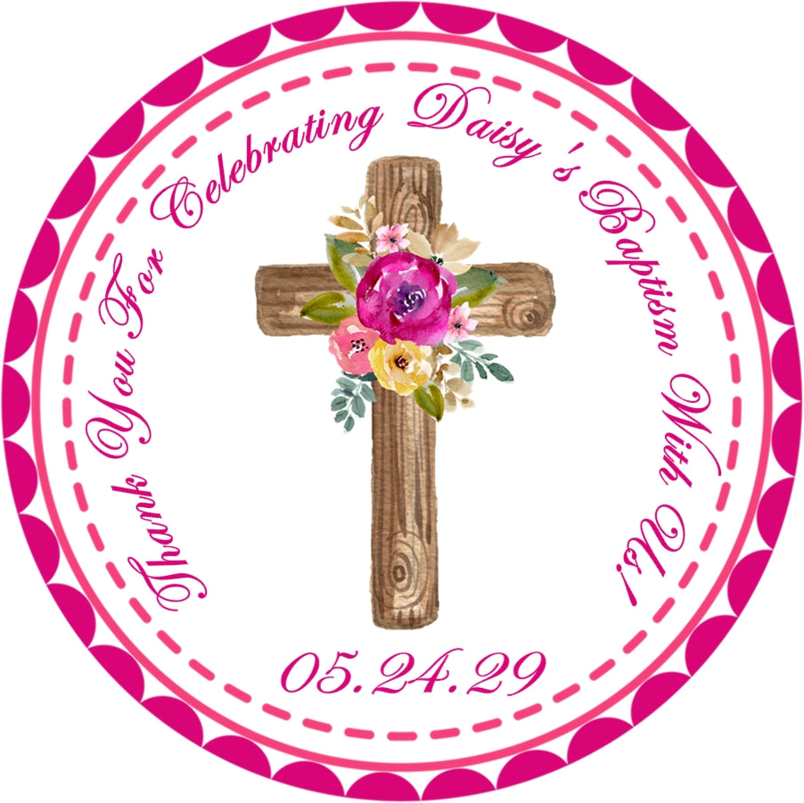 Fuschia colorful rose christening sticker label