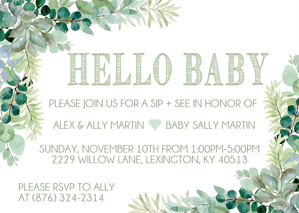 Gender Neutral Eucalyptus Sip And See Invitations