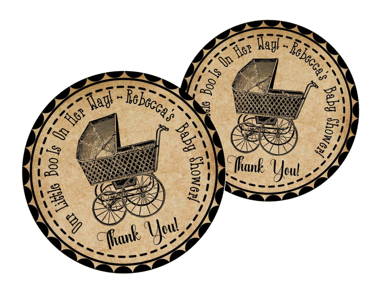 Gender neutral Halloween baby shower sticker with vintage baby carriage design