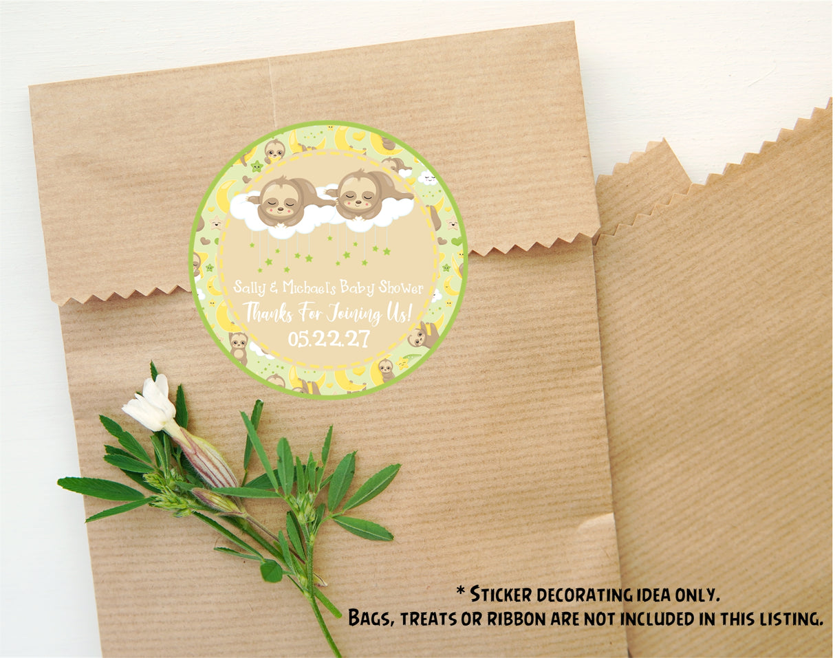 Gender neutral twin baby shower sticker in yellow and green