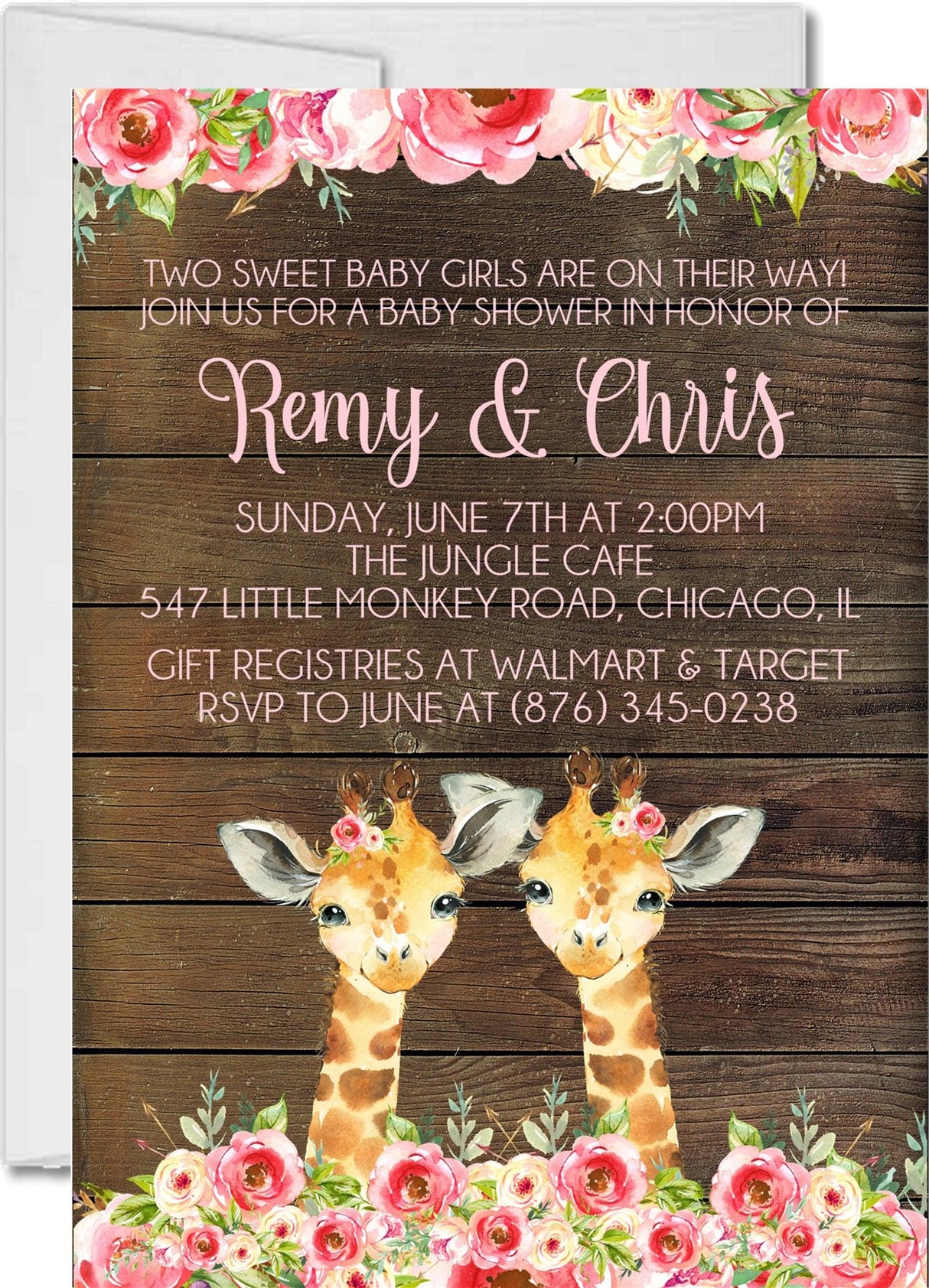 Girl Twins Safari Giraffe Baby Shower Invitations