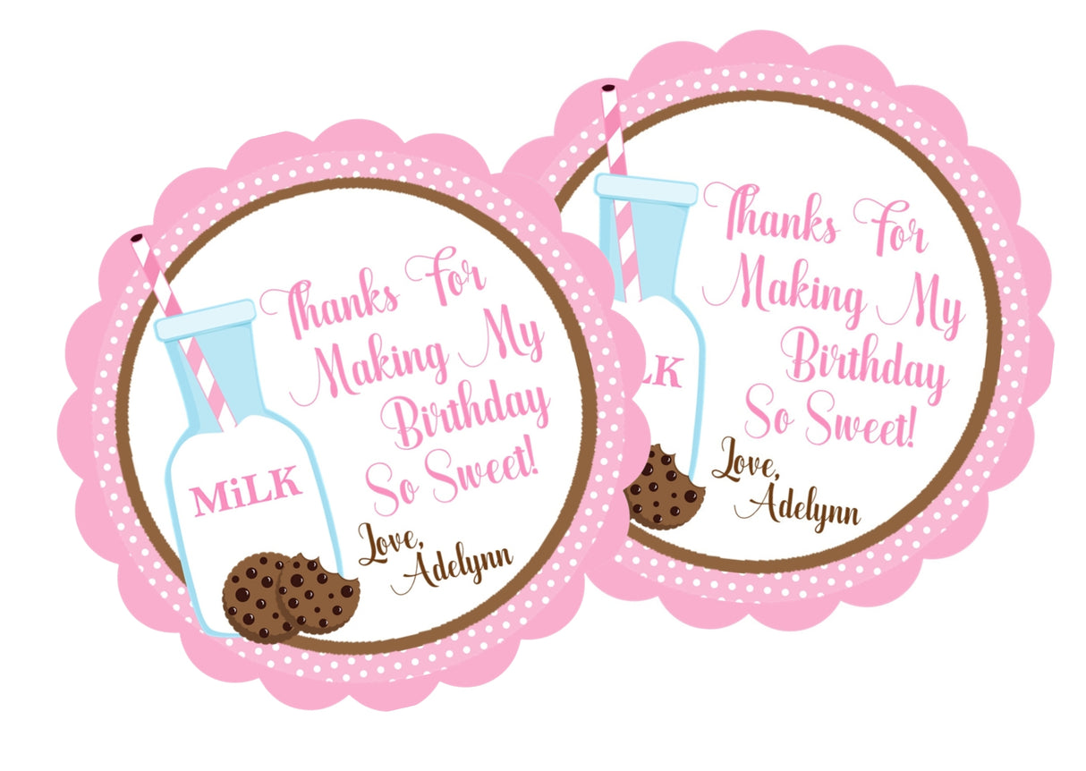 Girl milk and cookies party favor label in pink
