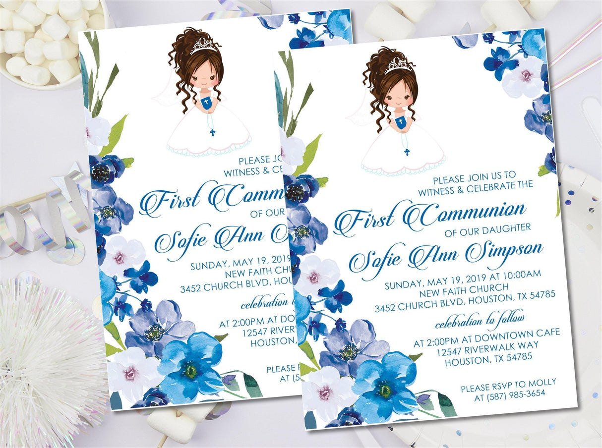 Girls Blue First Communion Invitations