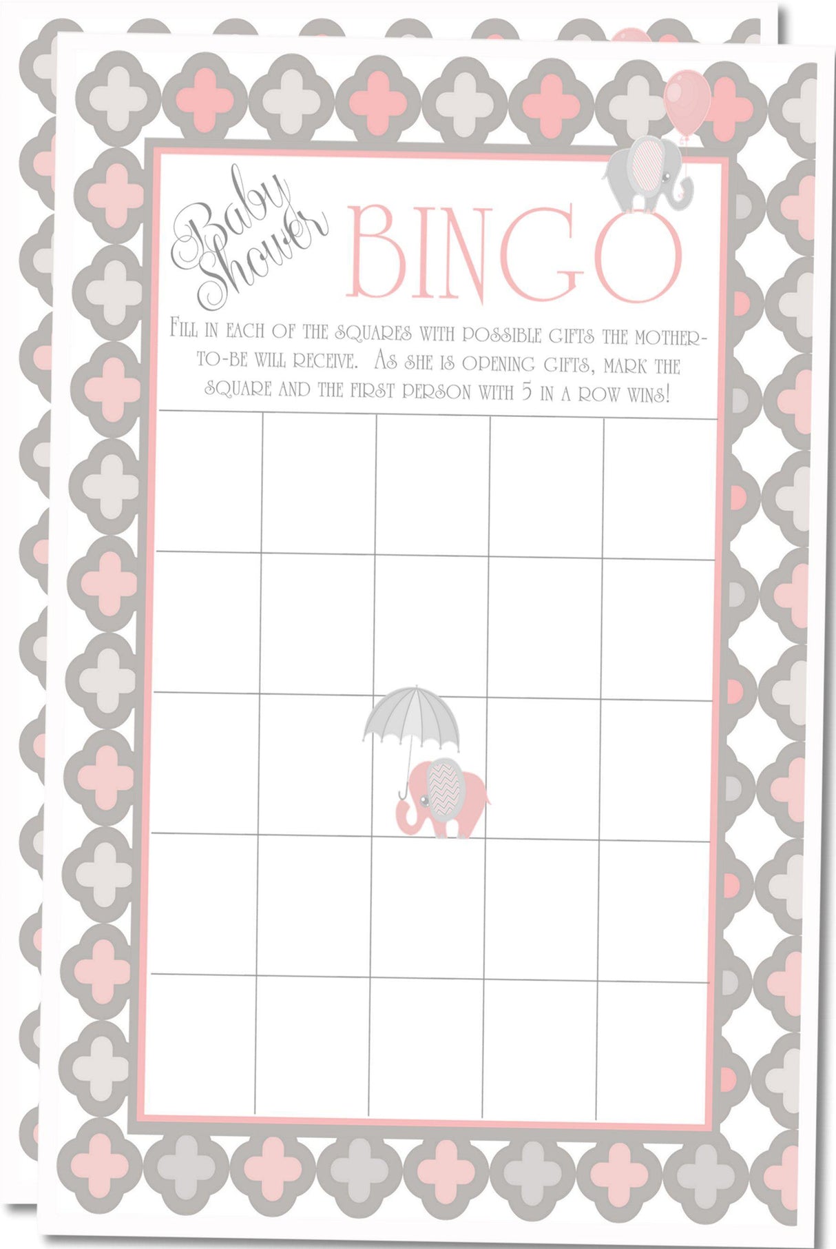 Girls Elephant Baby Shower Bingo Cards