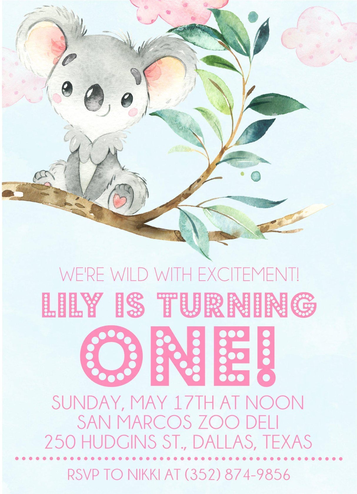 Girls Koala 1st Birthday Party Invitations