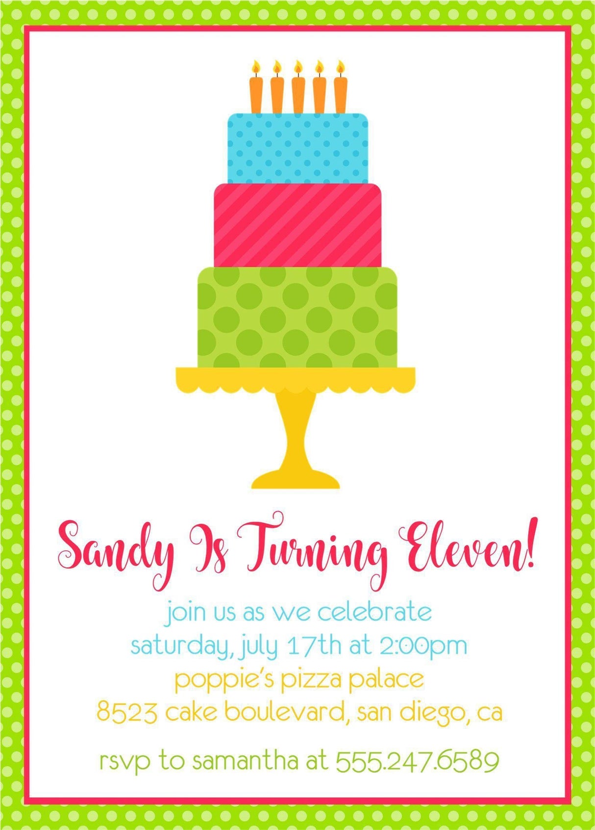Girls Neon Cake Birthday Party Invitations