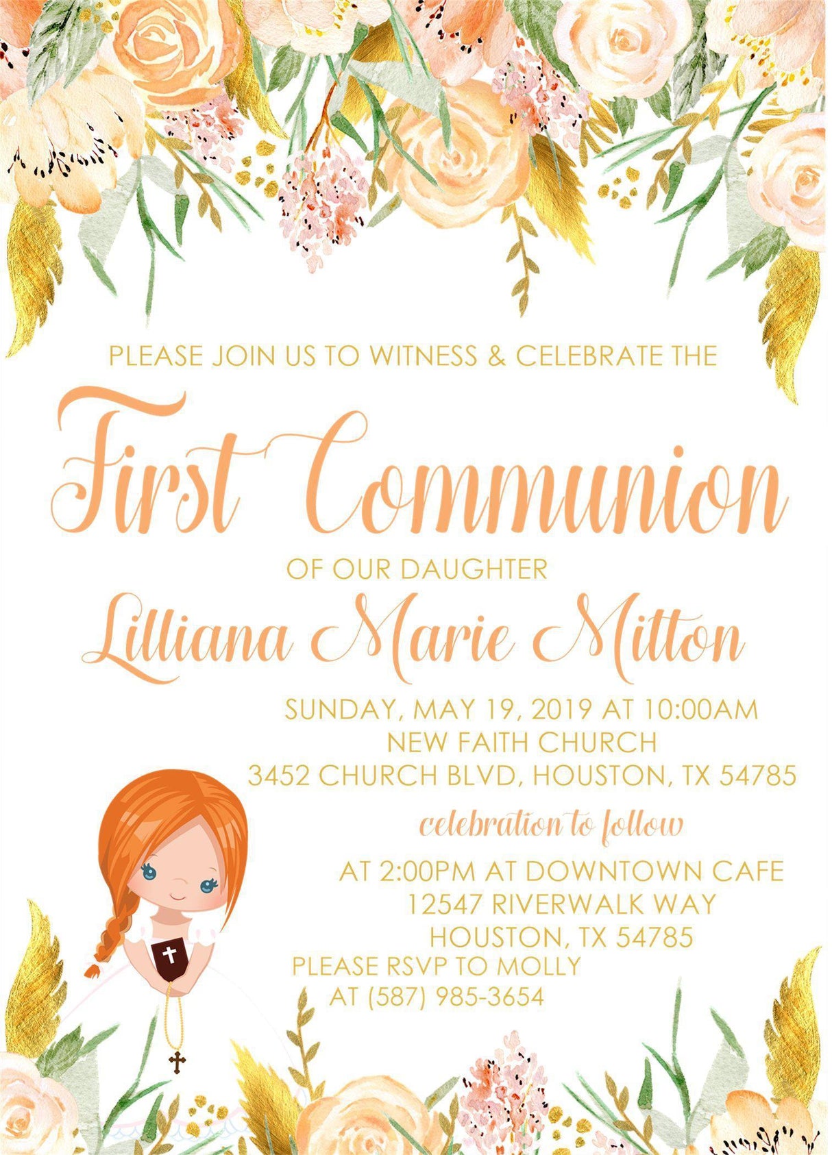 Girls Peach And Gold First Communion Invitations