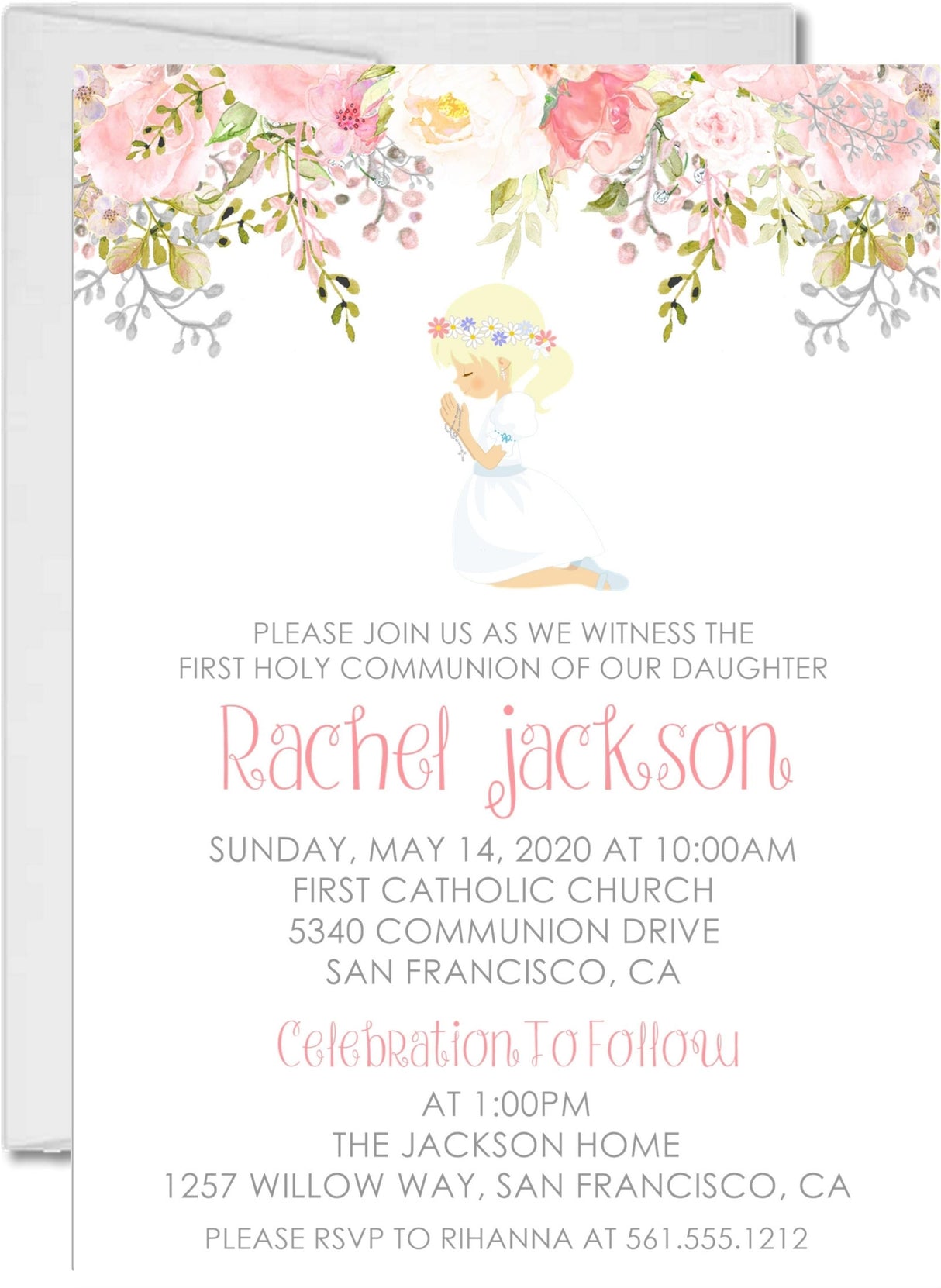 Girls Pink Floral First Communion Invitations