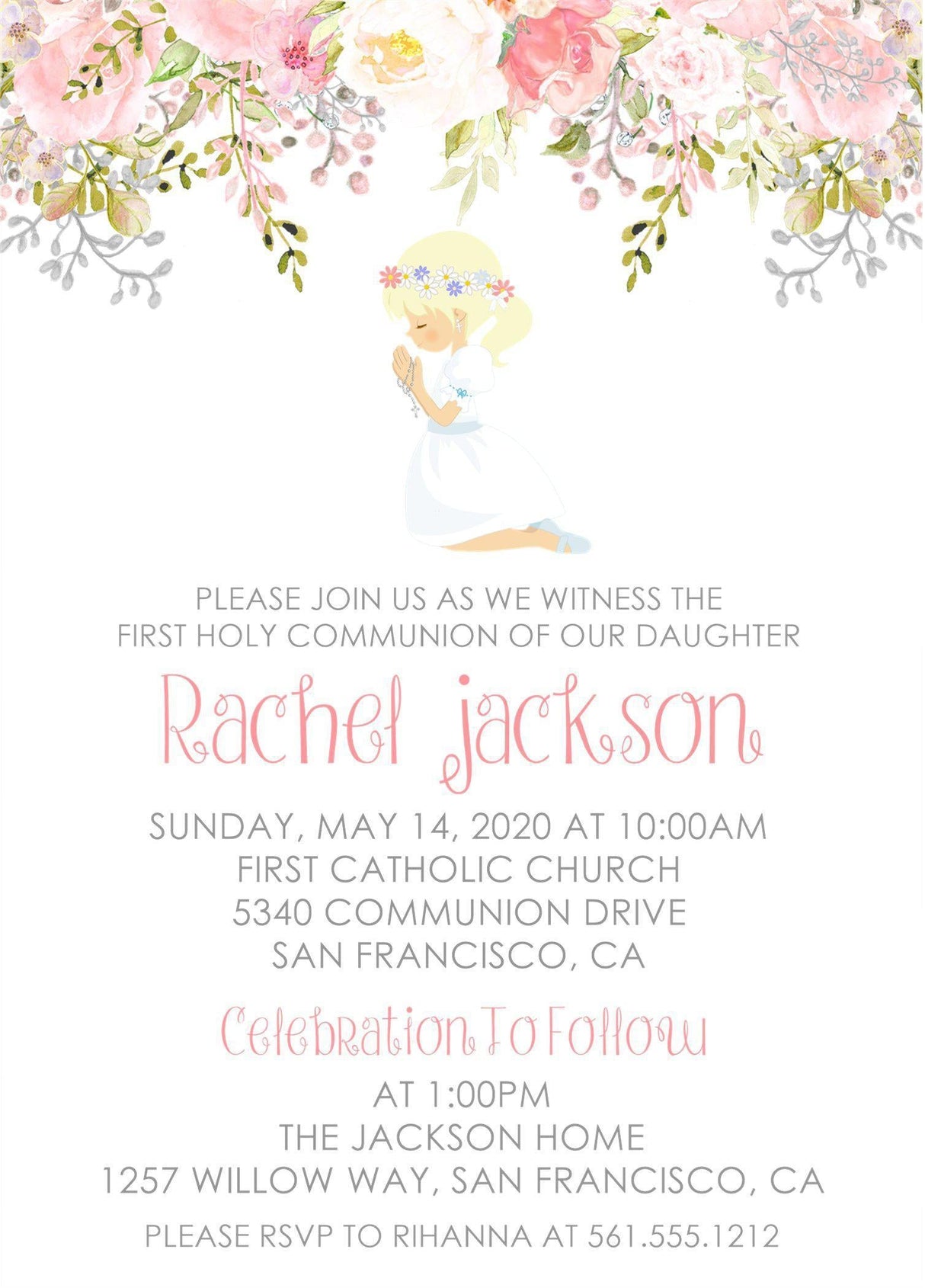 Girls Pink Floral First Communion Invitations