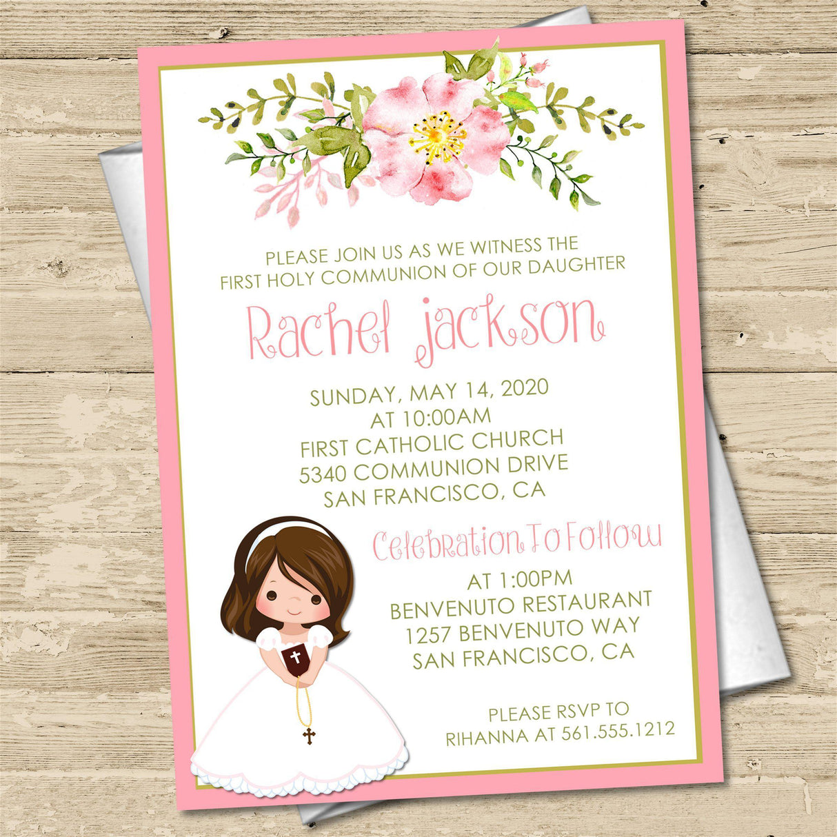Girls Pink Floral First Communion Invitations