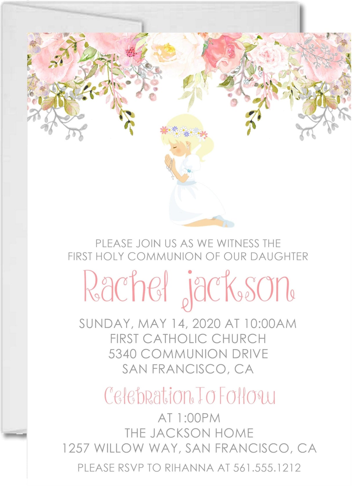 Girls Pink Floral First Communion Invitations