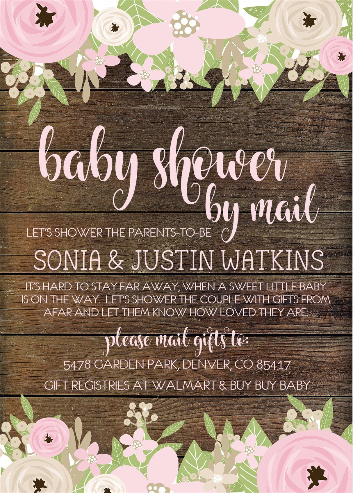 Girls Pink Rustic Floral Baby Shower By Mail Invitations