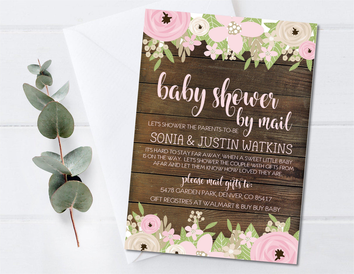 Girls Pink Rustic Floral Baby Shower By Mail Invitations