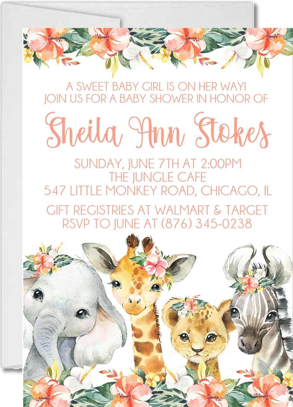 Girls Tropical Safari Animals Baby Shower Invitations