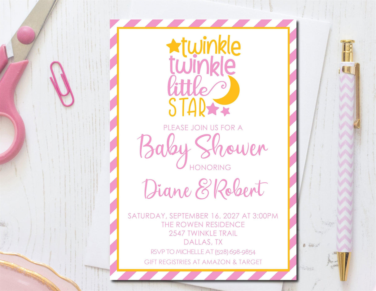 Girls Twinkle Little Star Baby Shower Invitations