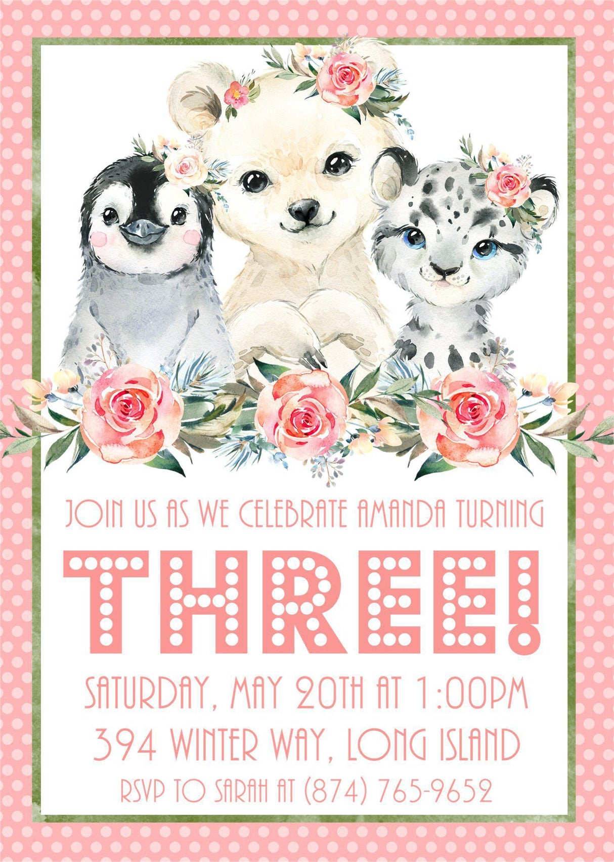 Girls Winter Arctic Animals Birthday Party Invitations