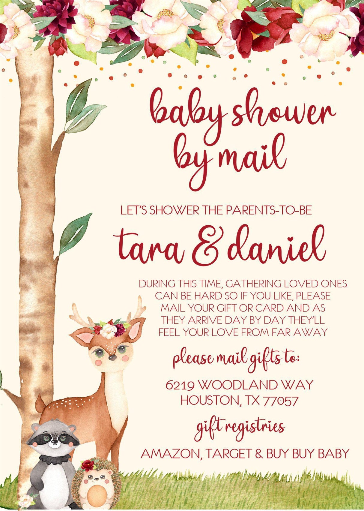 Girls Woodland Animals Baby Shower By Mail Invitations