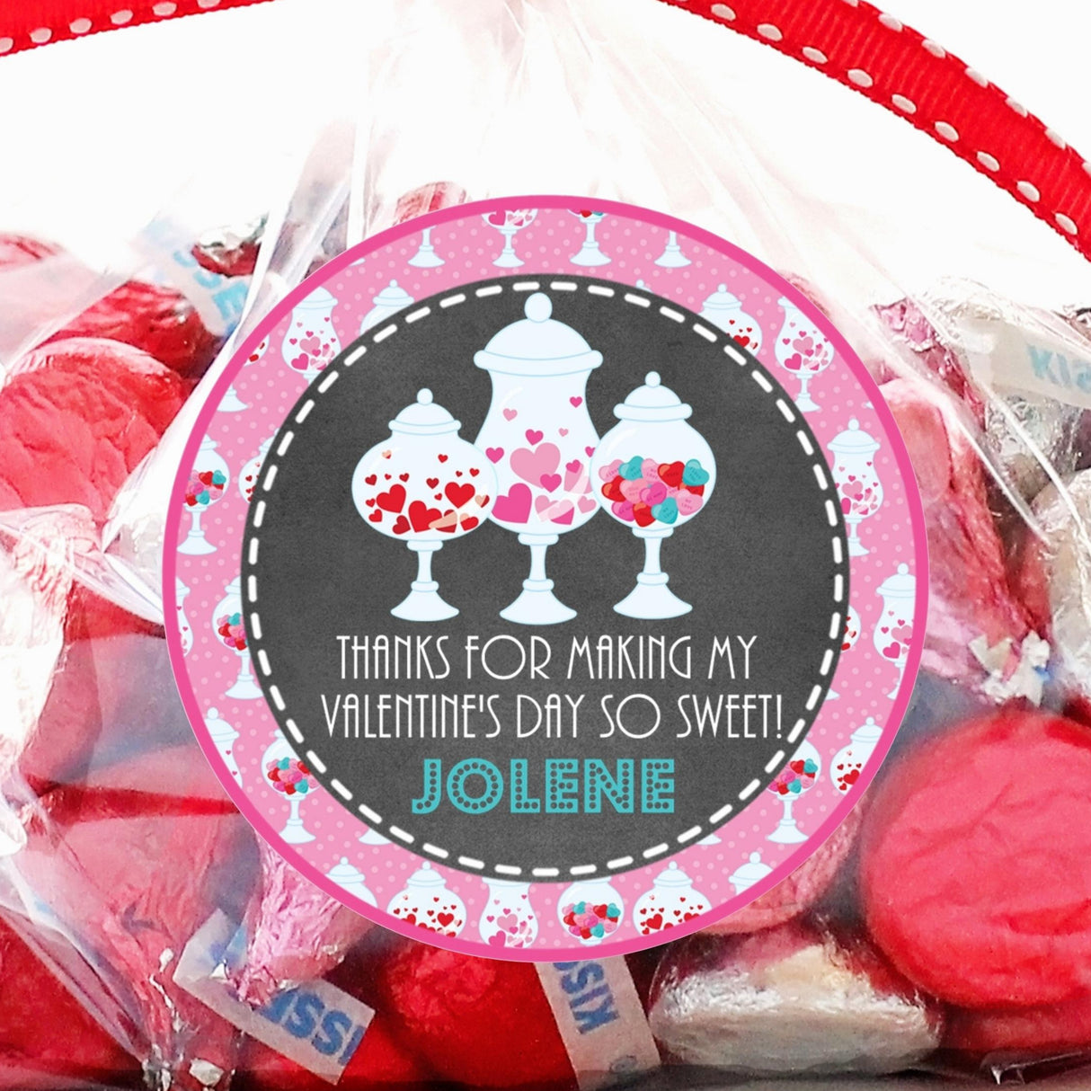 Girls candy Valentine sticker with three candy jars and hearts