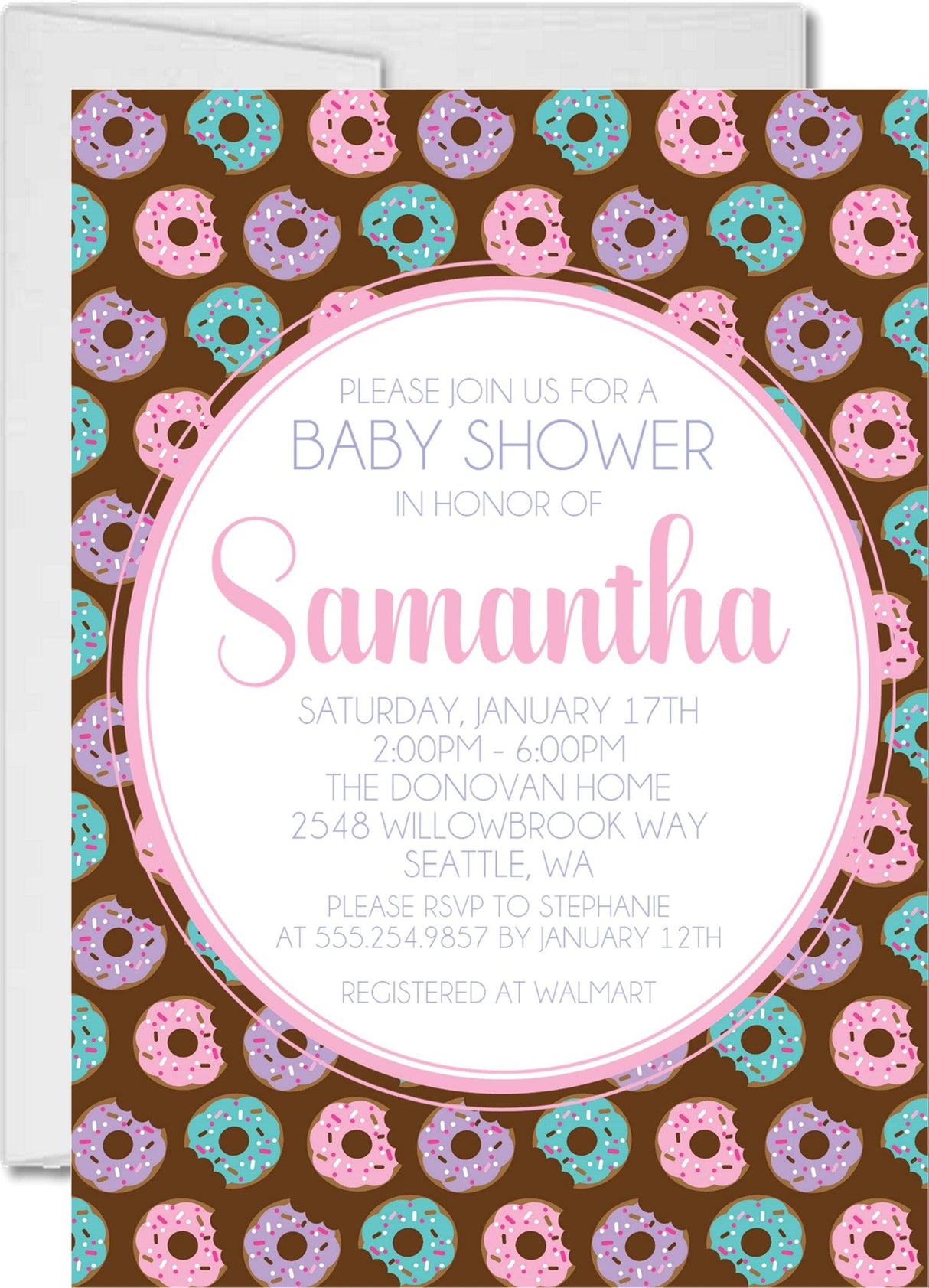 Girls donut baby shower invitations colorful sprinkle donut design