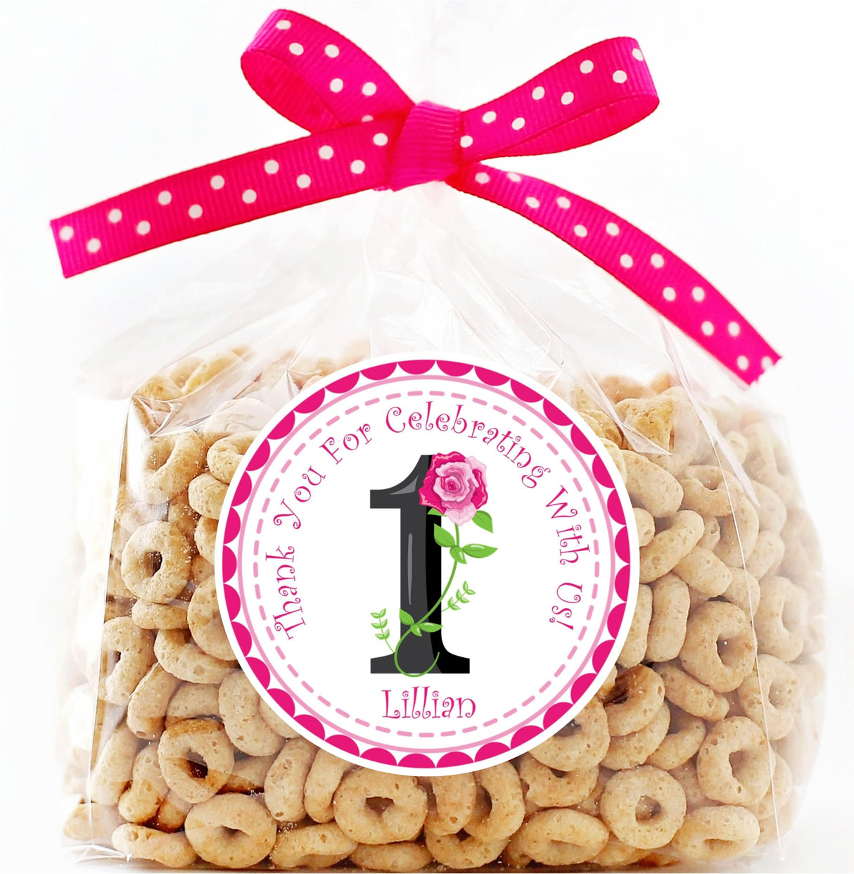 Girls first birthday favor label with pink floral design