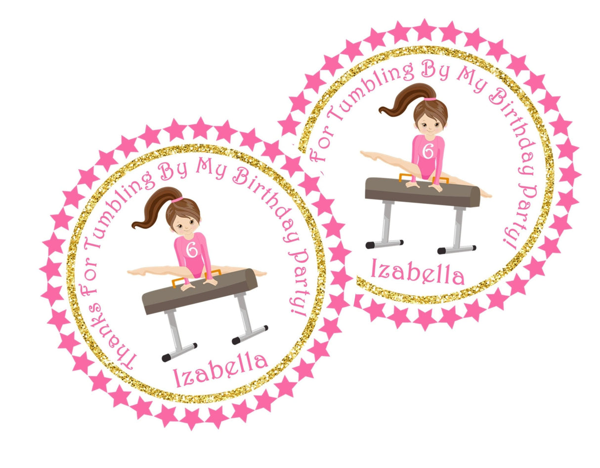 Girls gymnast party favor label with pink stars and gold border
