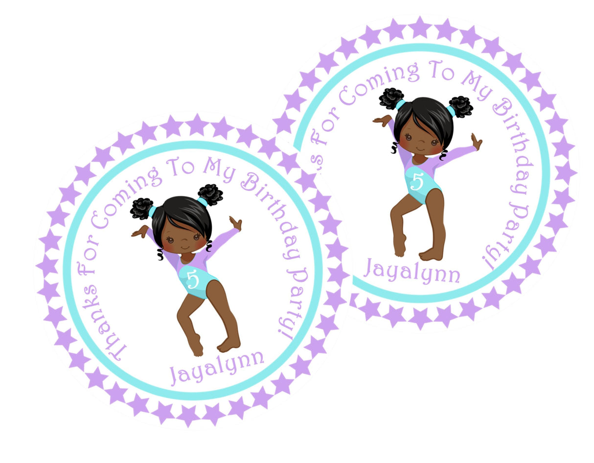 Girls gymnastics party sticker in purple and teal