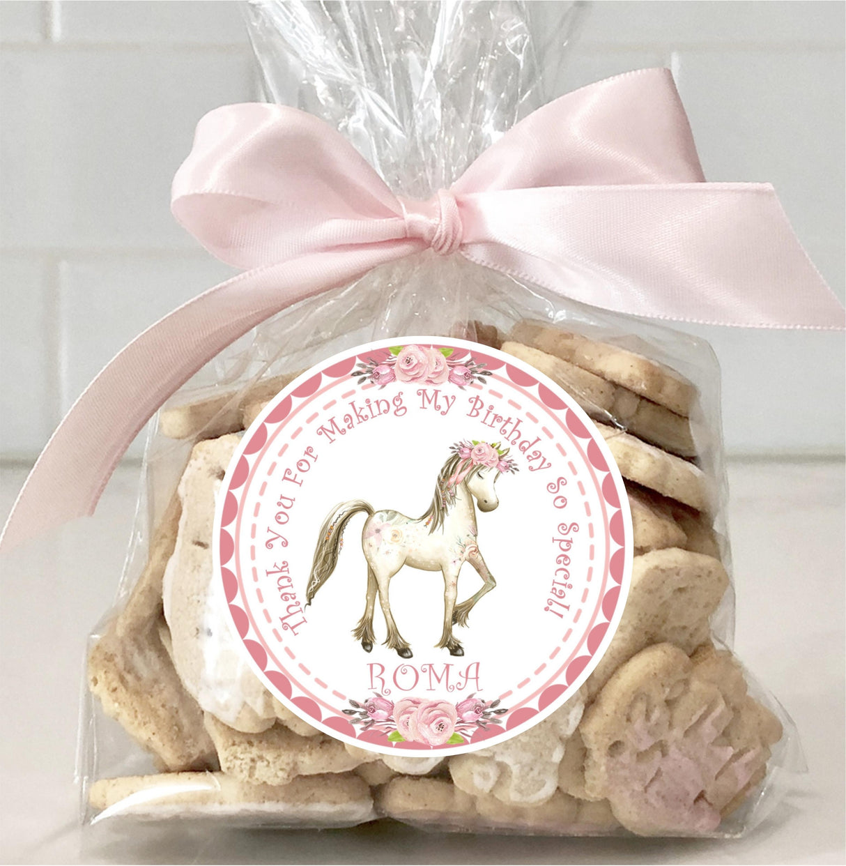 Girls horse birthday sticker with pink roses party label