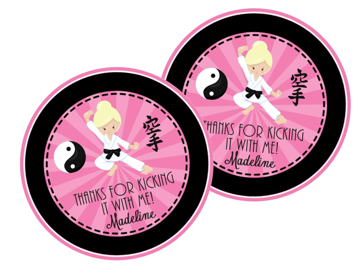 Girls karate character kicking on pink burst background