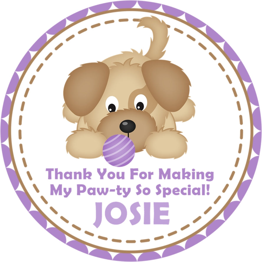 Girls lavender puppy birthday sticker with ball and pawty theme