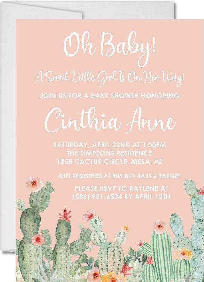 Girls pink cactus baby shower invitations