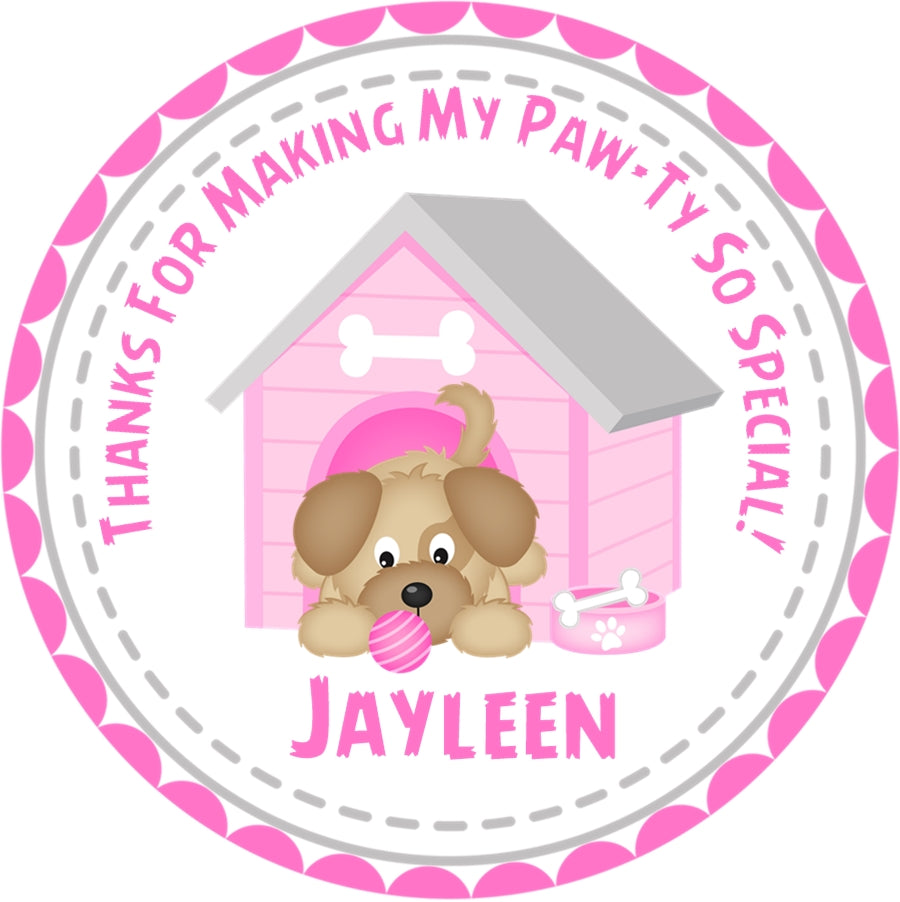 Girls pink dog themed birthday sticker with puppy and doghouse design