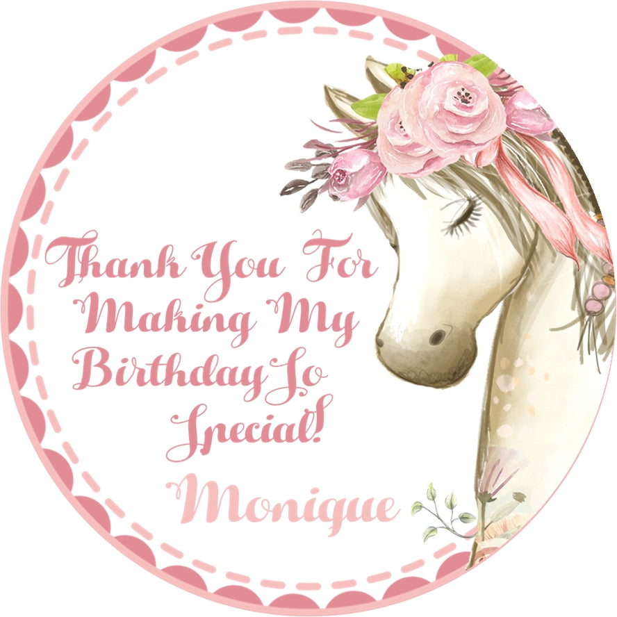 Girls pink horse birthday sticker floral horse design