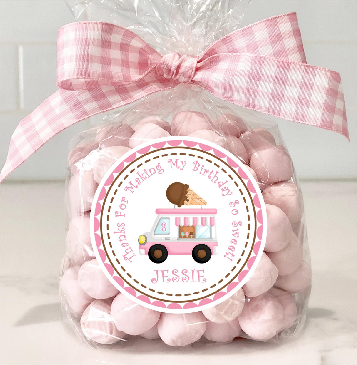 Girls pink ice cream truck sticker with custom name
