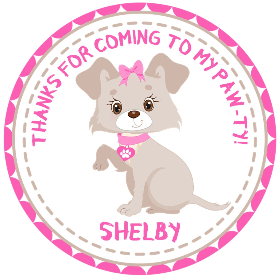 Girls pink personalized puppy sticker with pawty message