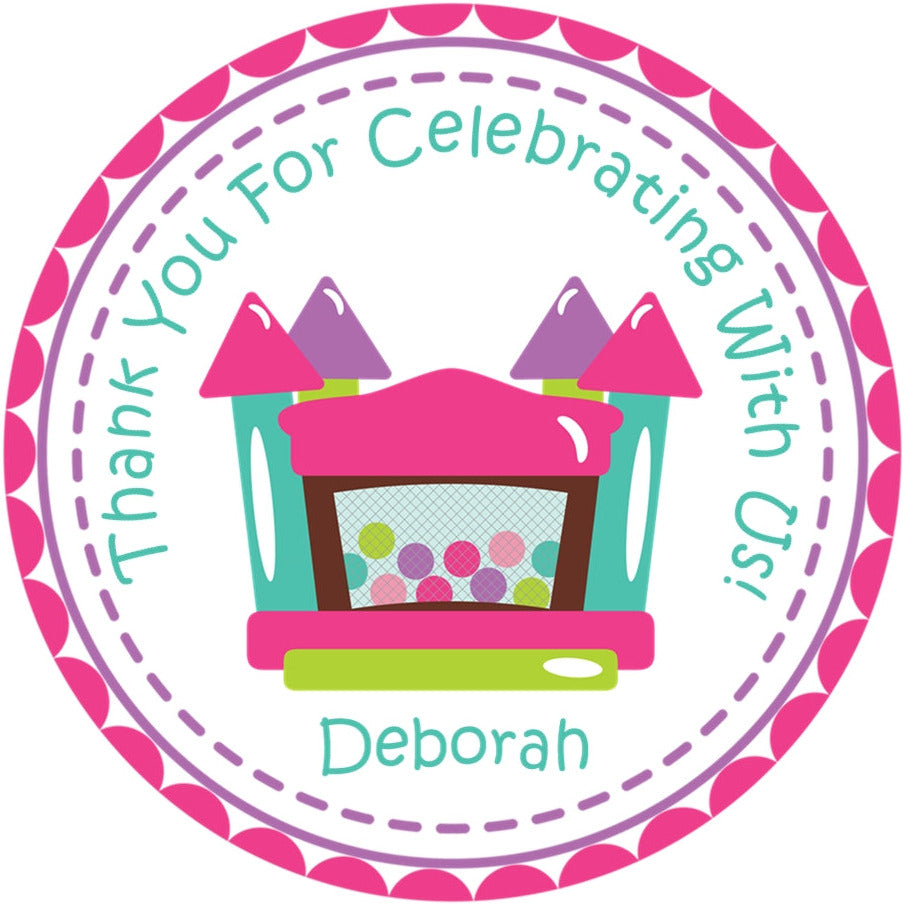 Girls pink purple bounce house birthday sticker labels