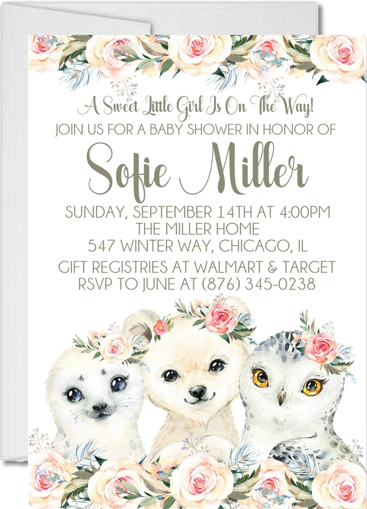 Girls winter animal baby shower invitations snowy rustic theme