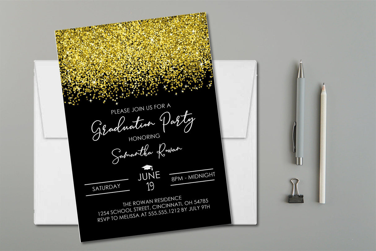 Gold glitter graduation party invitation with black confetti background