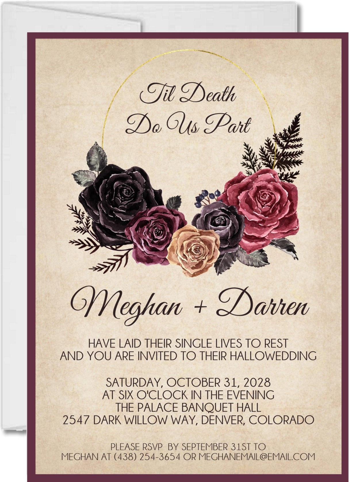 Gothic wedding invitation featuring burgundy floral artwork on a vintage parchment background