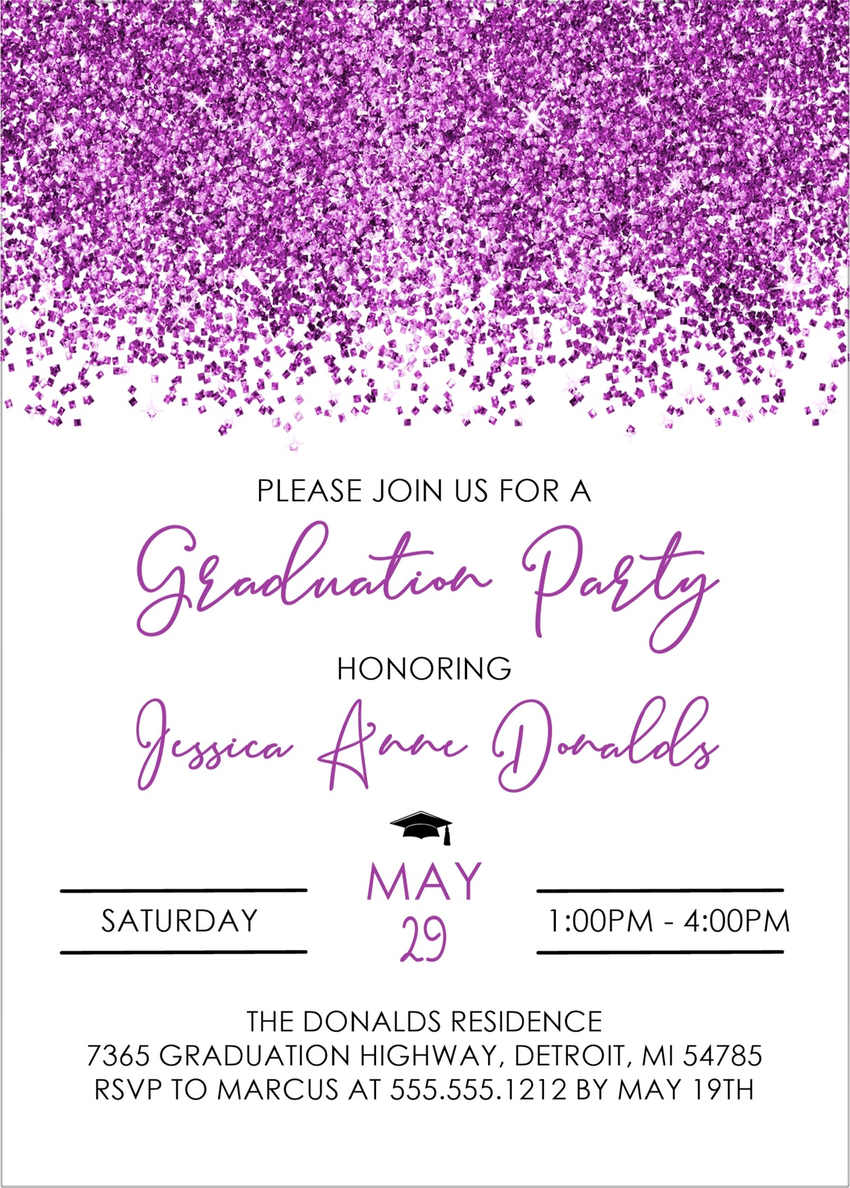 Graduation party invitation with purple background and text details.