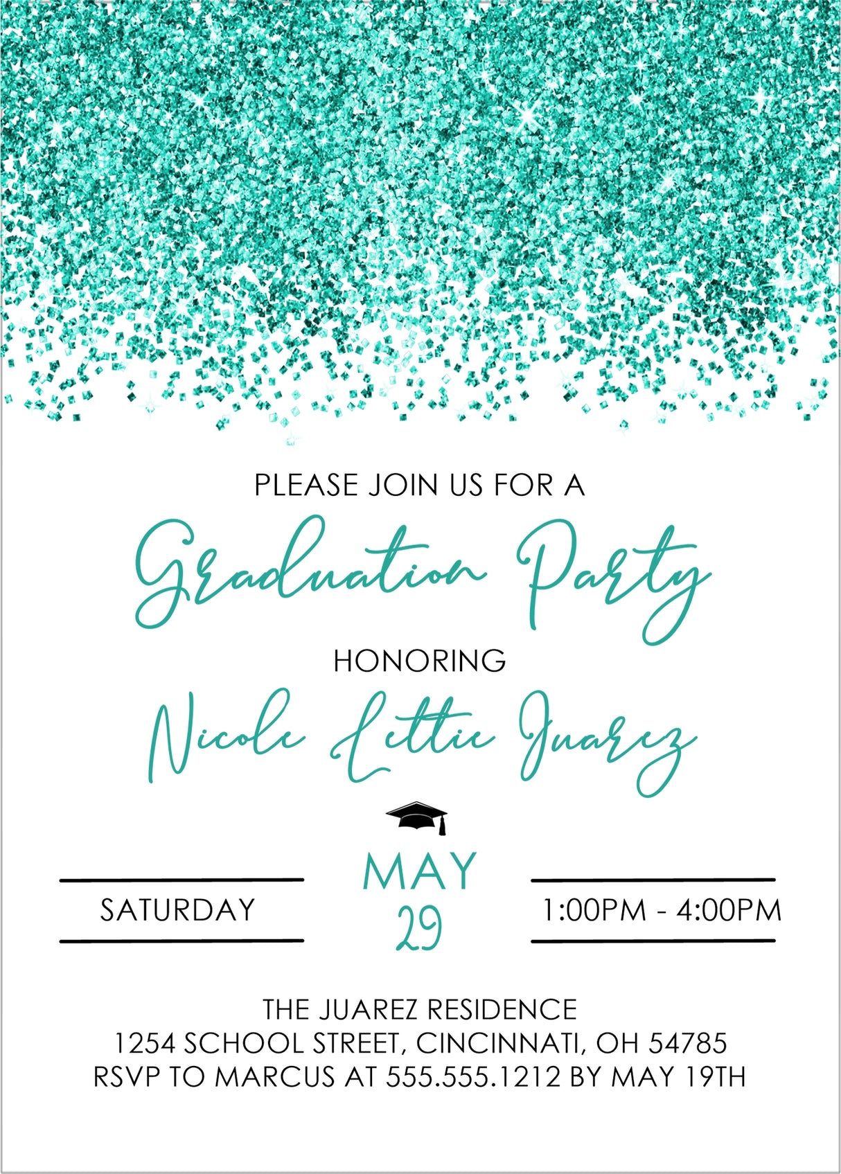 Graduation party invitation with teal glittery border and text details.