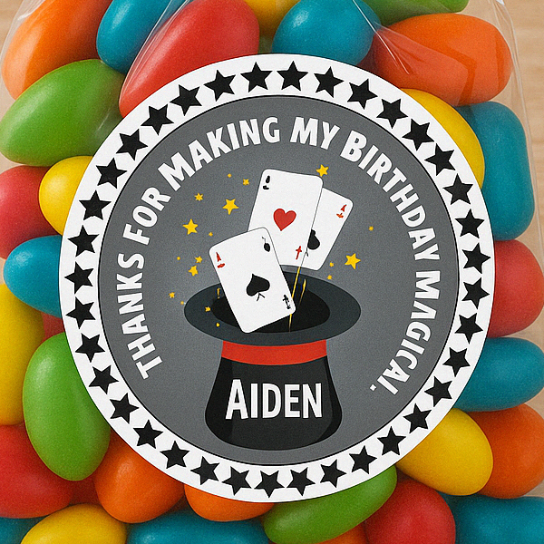 Gray magician birthday favor sticker with custom name