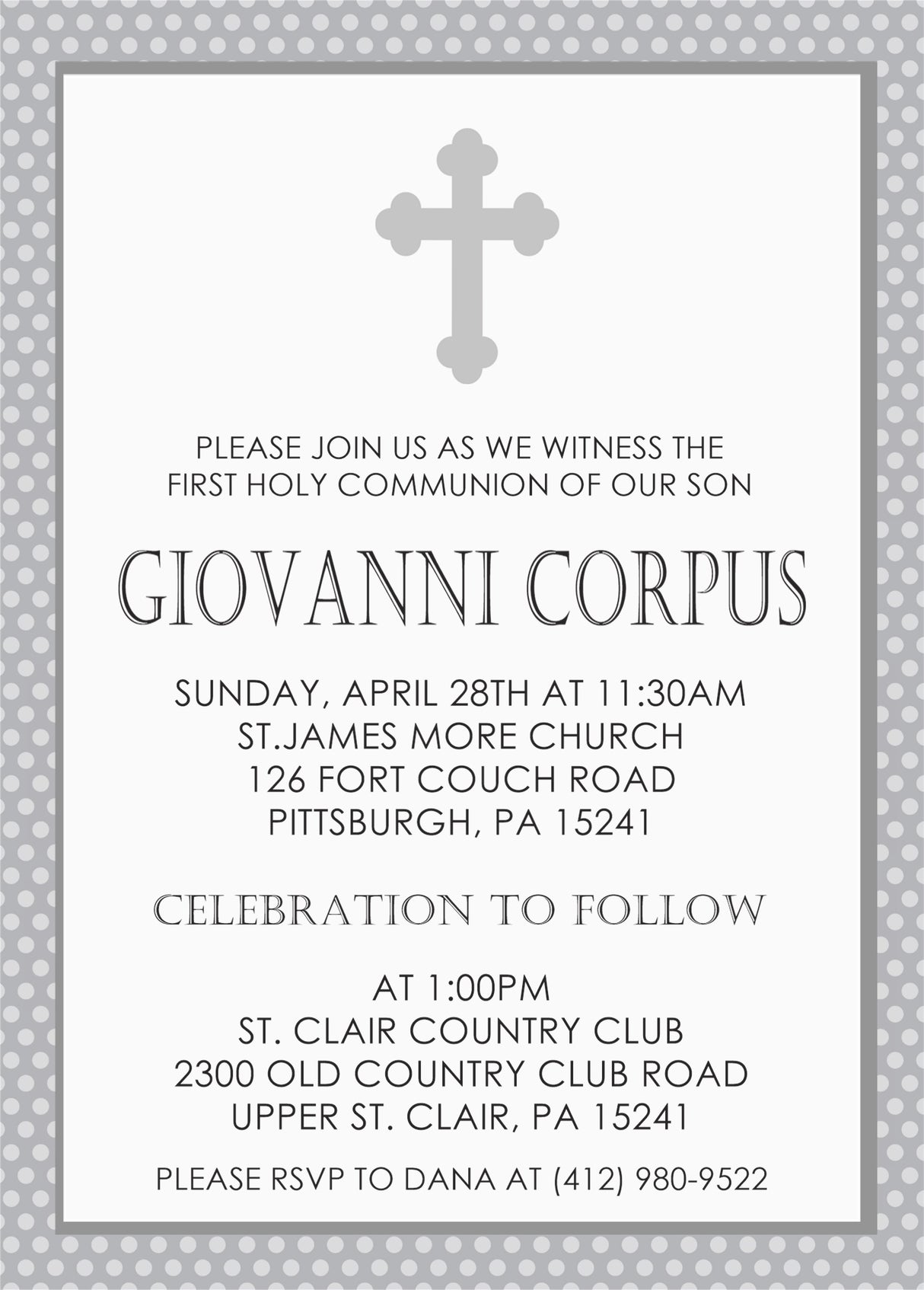 Gray polka dot First Holy Communion invitation with cross design