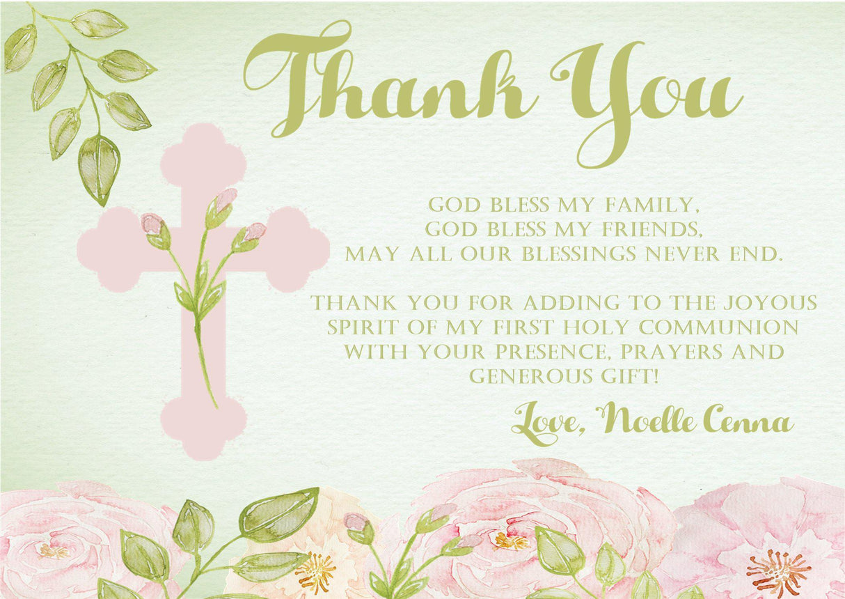 Green And Pink First Communion Thank You Cards