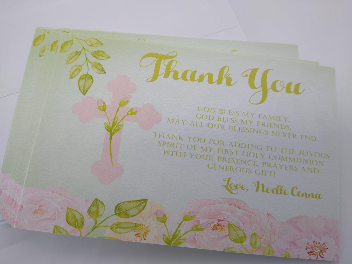 Green And Pink First Communion Thank You Cards