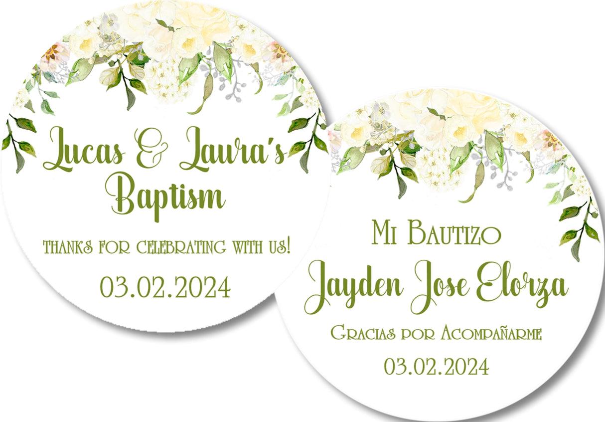 Green baptism stickers english spanish