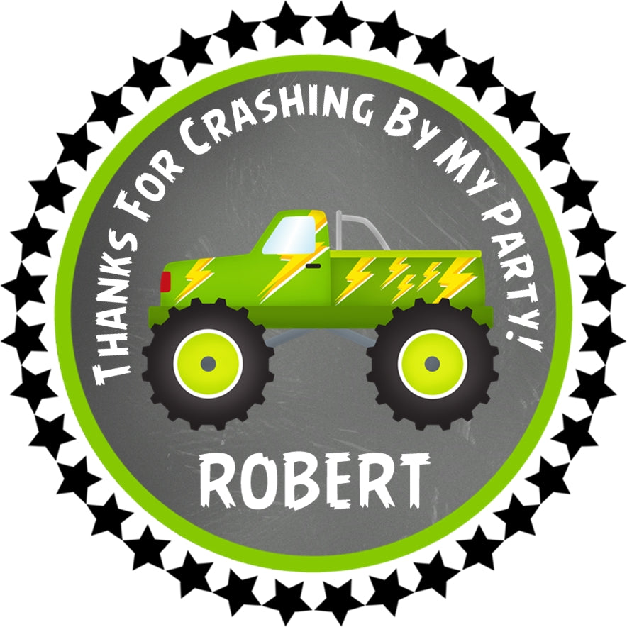 Green monster truck party favor sticker with flames and bold design